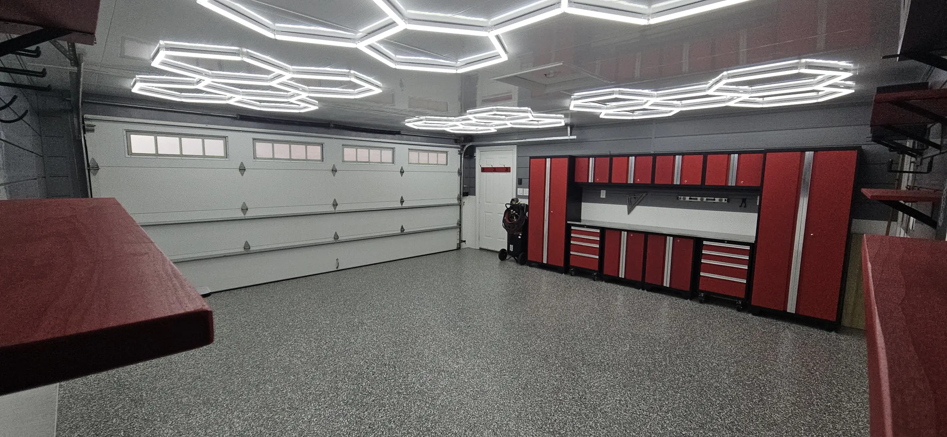 Fine grey decorative flake floor inside a finished Burlington workshop