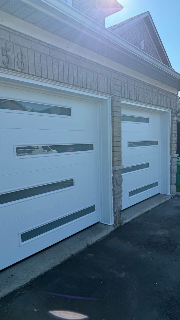 White double garage doors with horizontal window panels