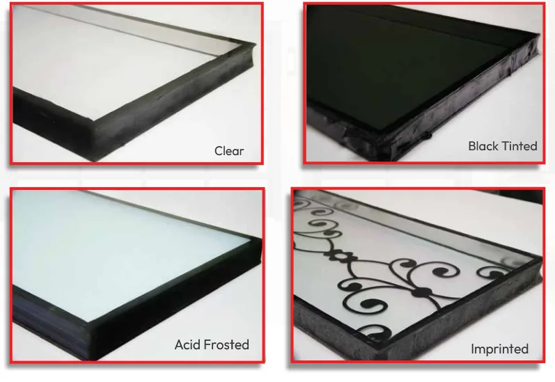 Garage door window glass options including clear, frosted, acid-frosted, black-tinted, and imprinted glass